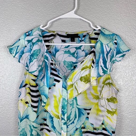 Worthington Womens Floral Striped V-Neck Ruffle Trim Button Front Blouse Large - Picture 5 of 5